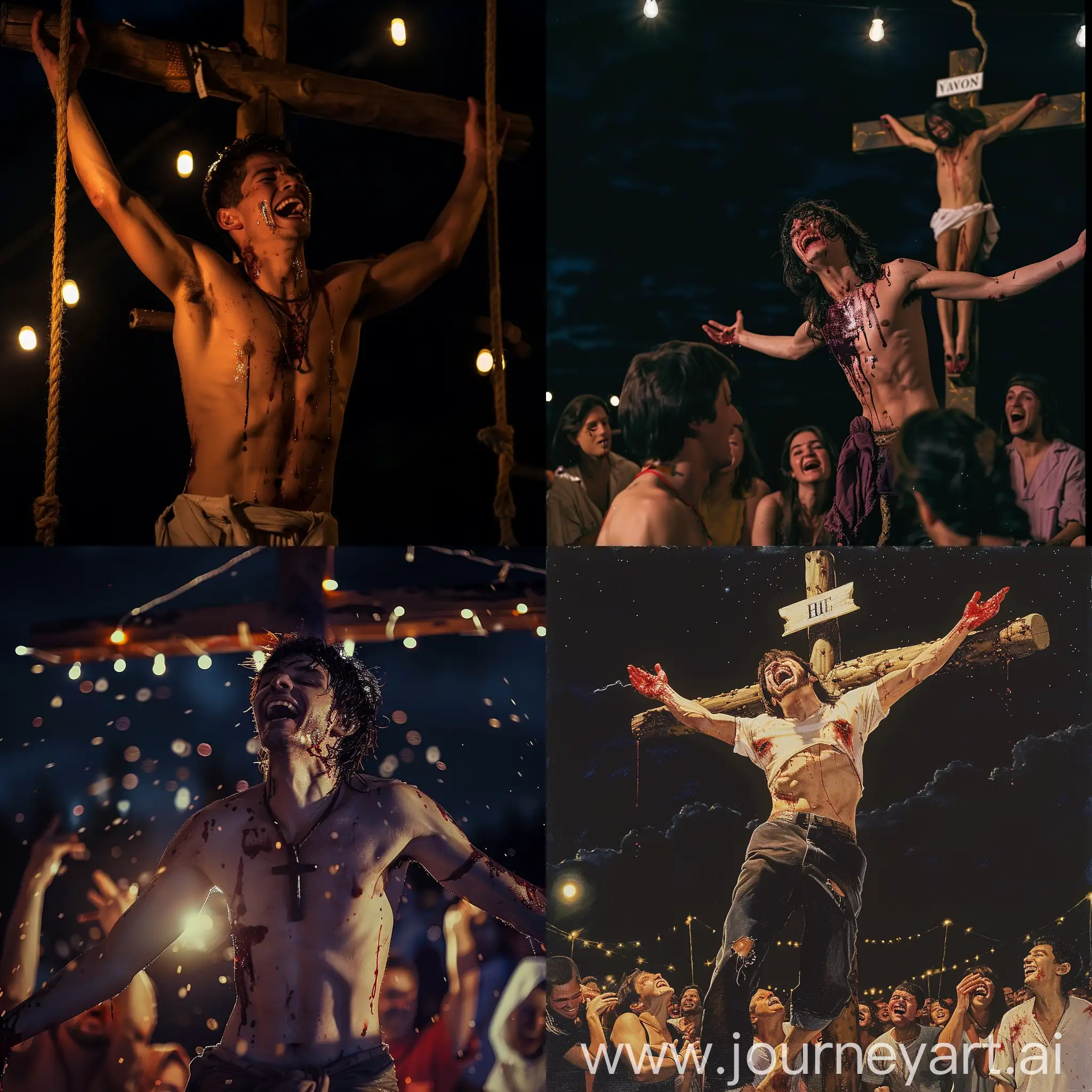 Night-Crucifixion-Scene-Young-Man-on-Cross-of-Jesus-Mocked-by-World