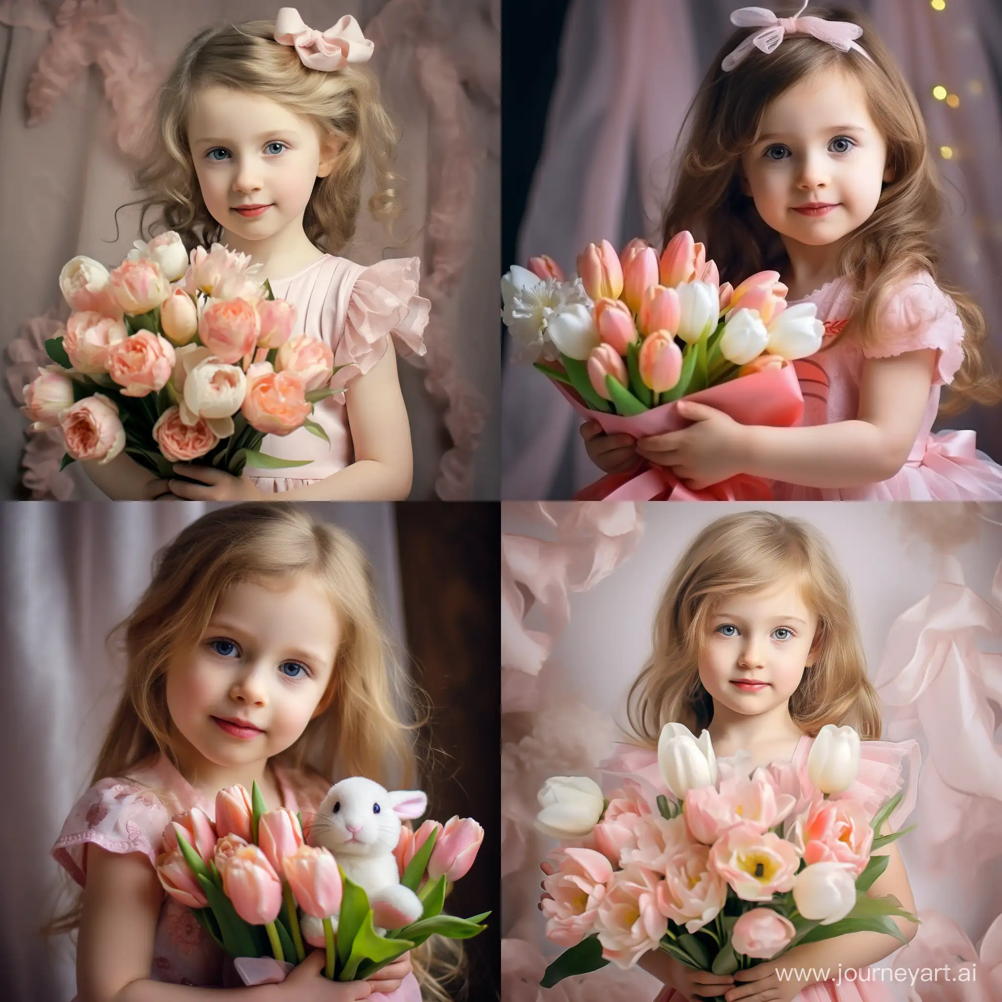 Adorable-Girl-with-Spring-Bouquet-Celebrates-Mothers-Day-in-Pastel-Colors