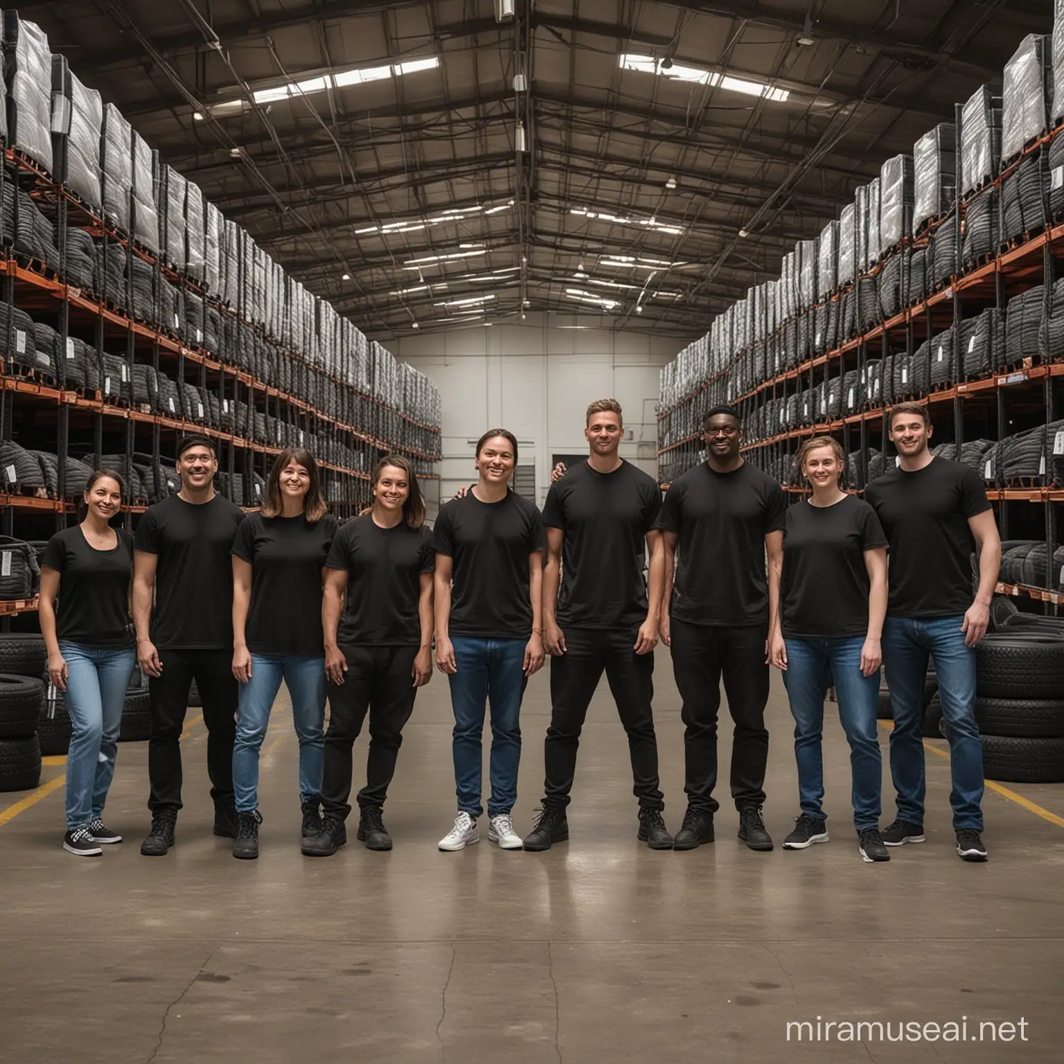 group of people standing in a tire warehouse wearing blank black t-shirt