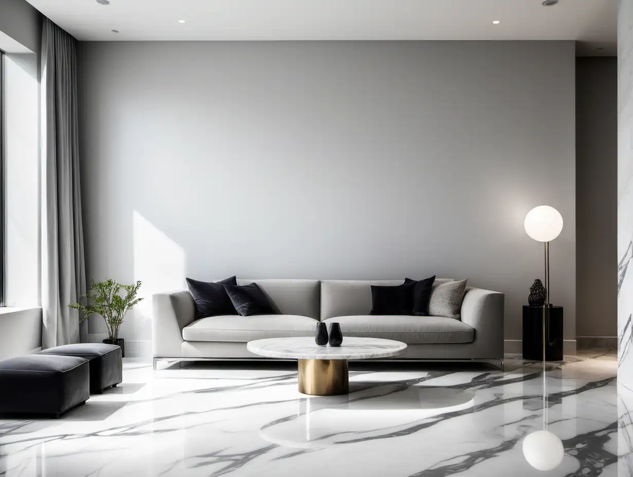 Commercial Photography, modern minimalist living room interior with light grey walls and marble floor
