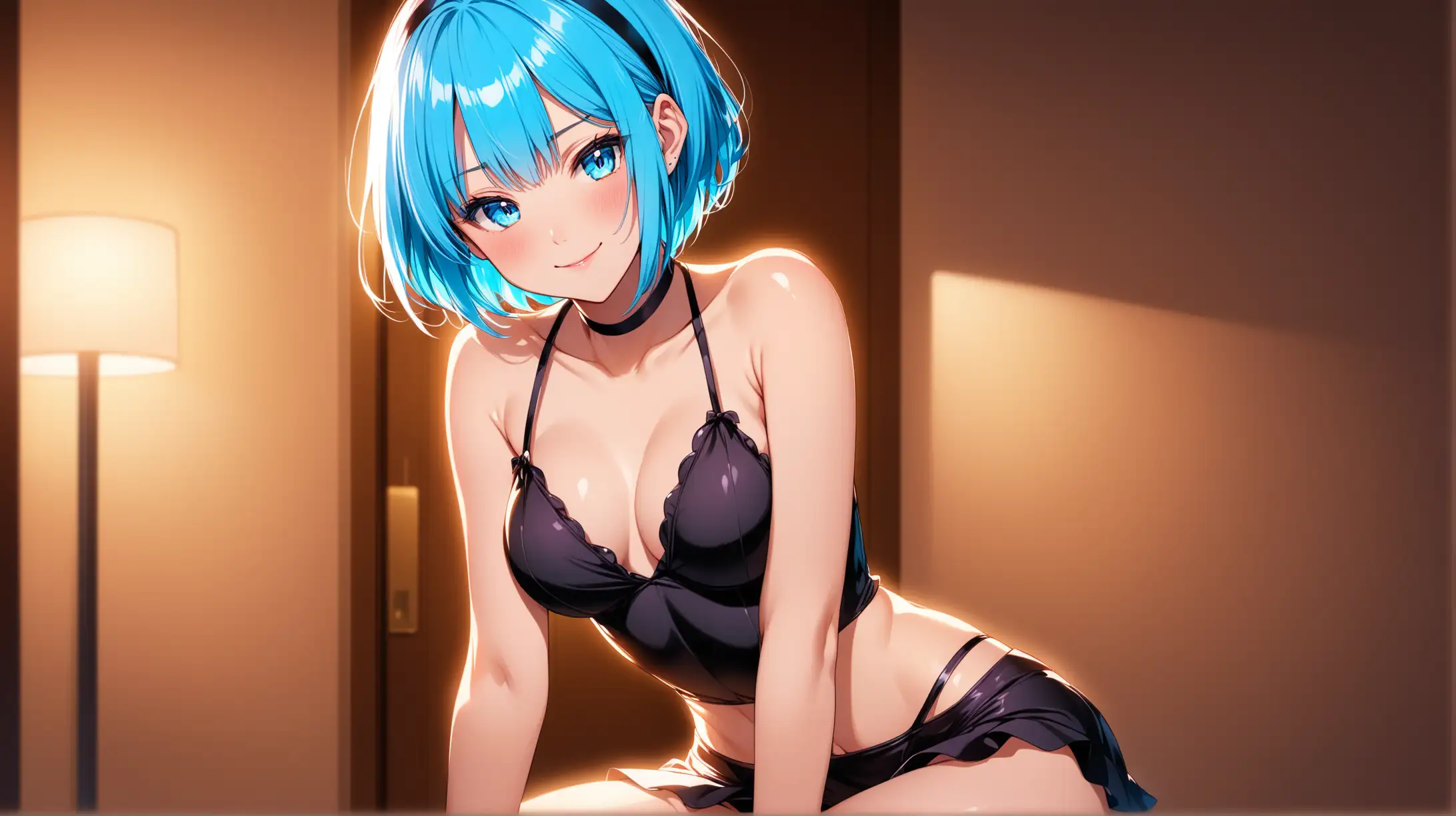 Draw the character Rem, high quality, indoors, ambient lighting, long shot, in a seductive pose, wearing colorful fashion clothing, smiling at the viewer
