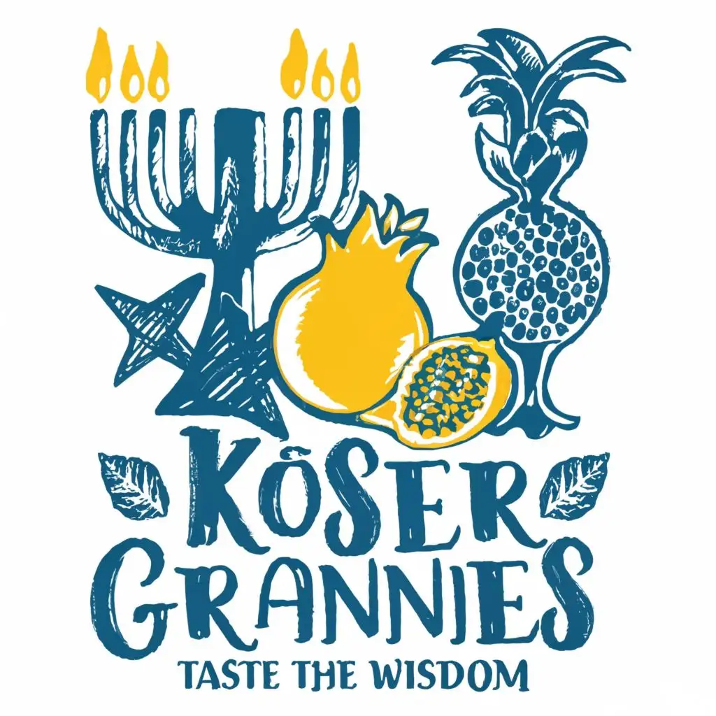 logo, Israel, yellow, blue, white, green, Menorah, Paul Klee, pomegranate, star of David, with the text "Kosher Grannies", and slogan "Taste the wisdom", typography, be used in the automotive industry