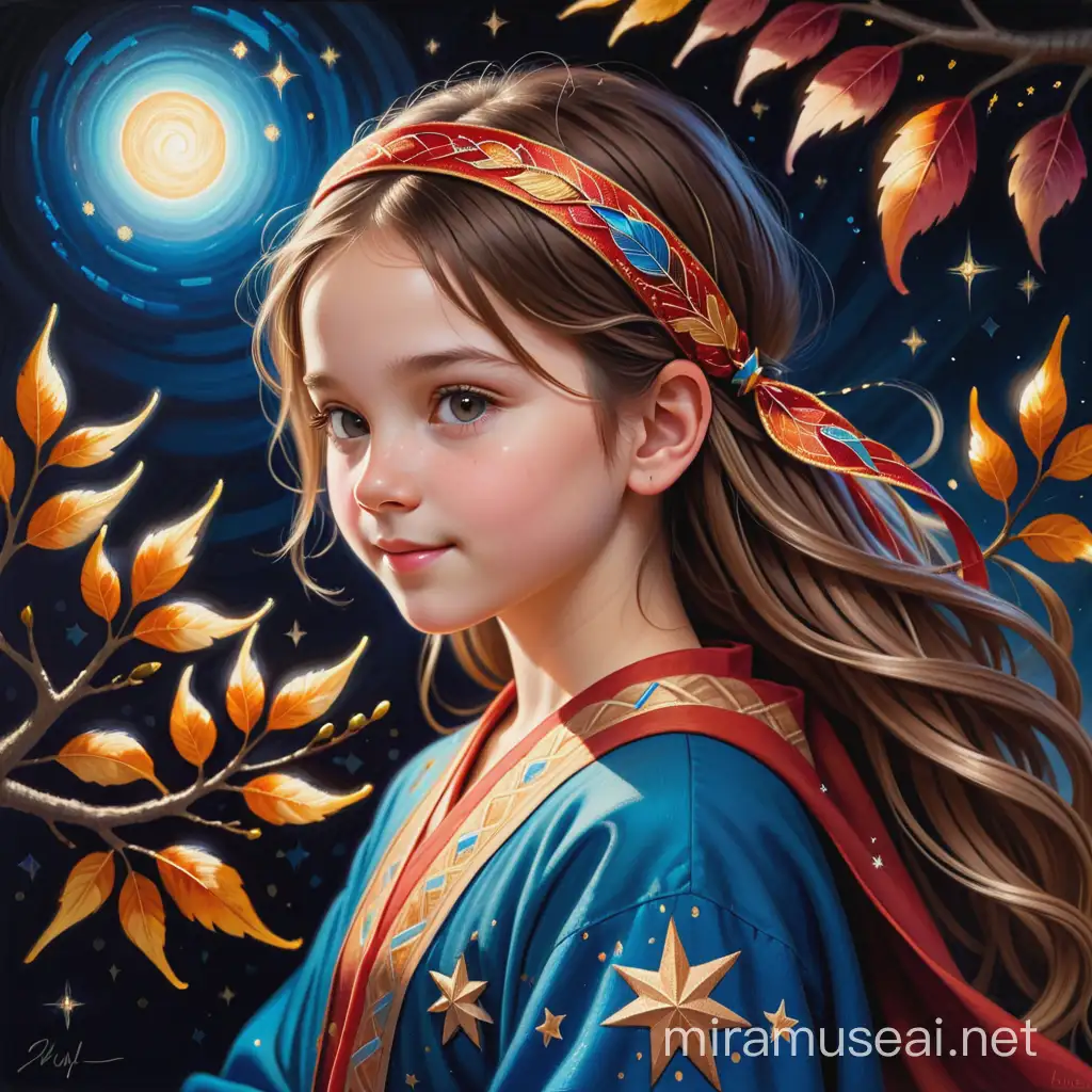 Enchanting Girl in Red Headband with Phoenix Dreamlike Oil Painting