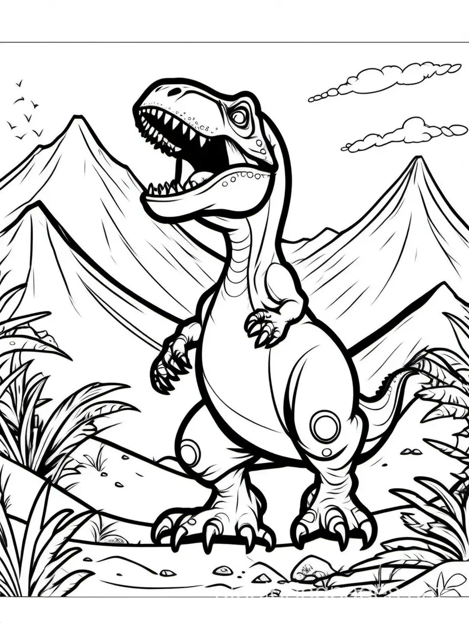 cute T-Rex in volcanic ocien, Coloring Page, black and white, line art, white background, Simplicity, Ample White Space. The background of the coloring page is plain white to make it easy for young children to color within the lines. The outlines of all the subjects are easy to distinguish, making it simple for kids to color without too much difficulty