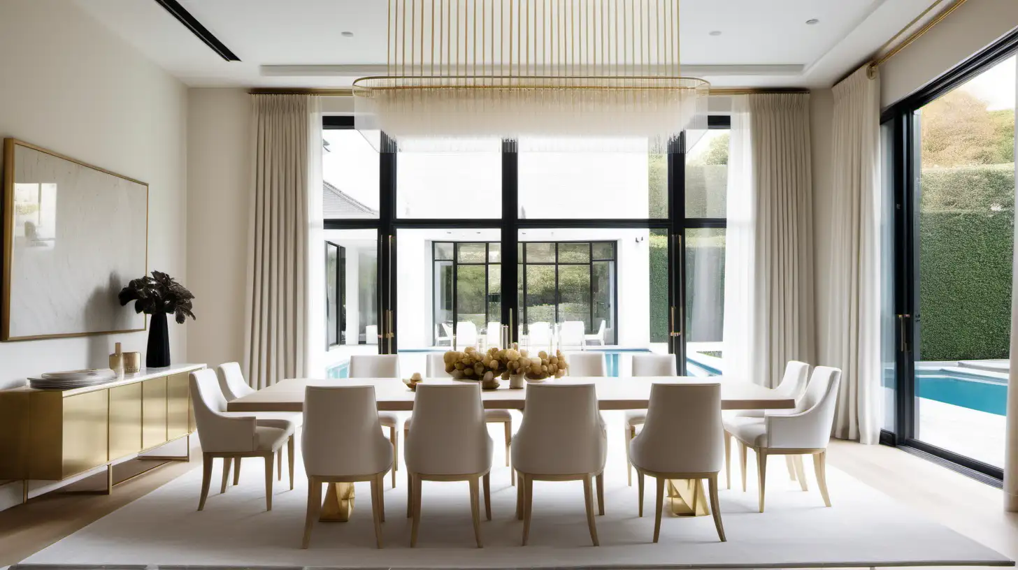 grand, Modern Parisian dining room with double height ceilings; light oak flooring; floor to ceiling windows with curtains, overlooking the pool; 12 seater light oak dining table with brass and white boucle dining chairs; modern linear brass and quartz pendant light; built in bar;