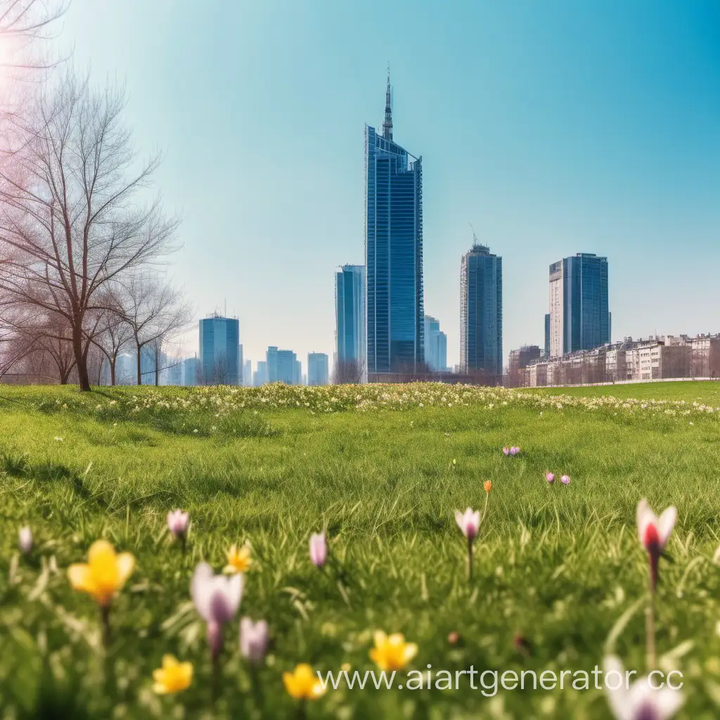 bright sunny spring day in march, meadow with spring flowers, city with skyscrapperrs on horizon
