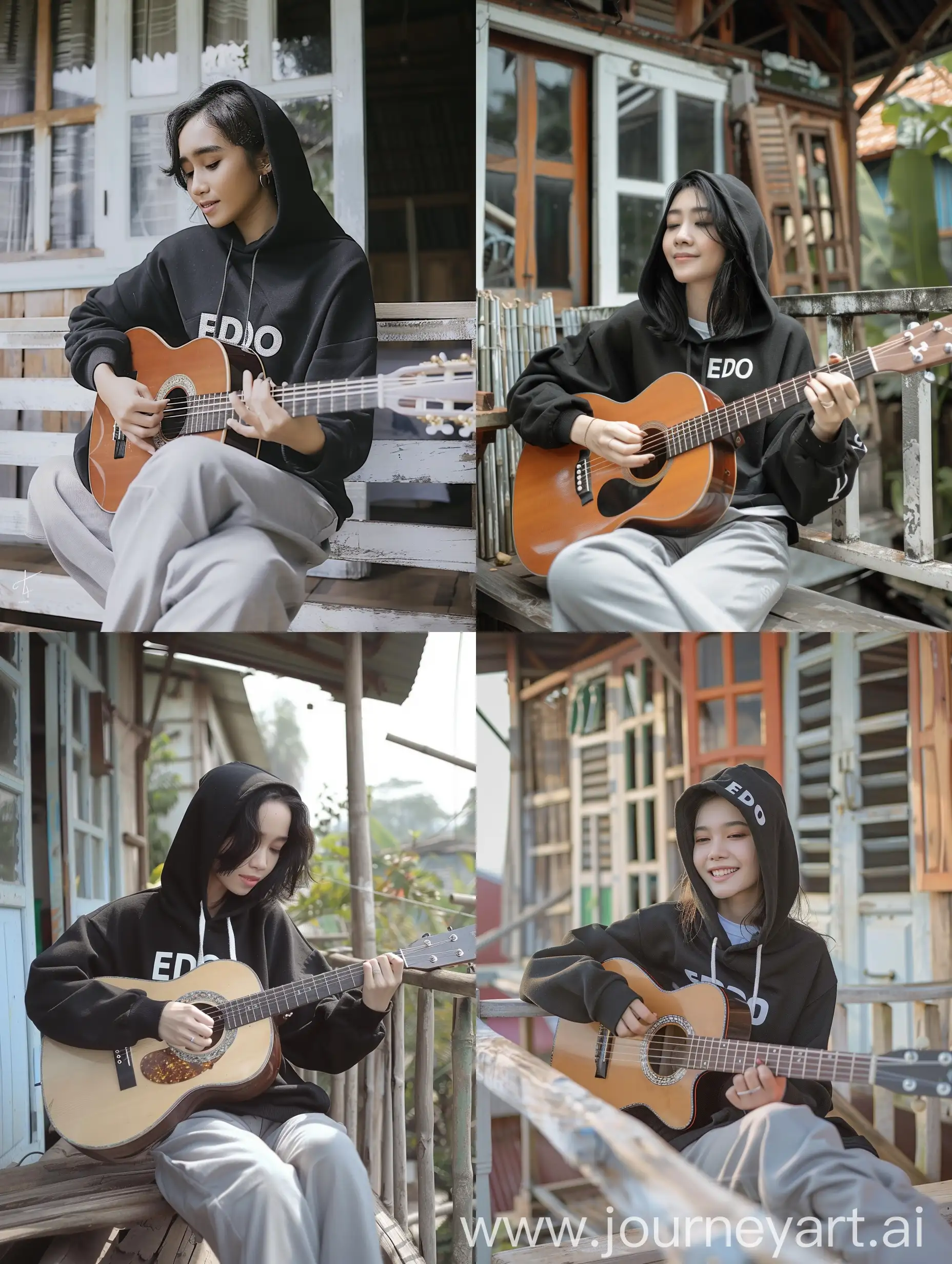 Talented-Indonesian-Woman-in-EDO-Hoodie-Playing-Guitar-on-Terrace