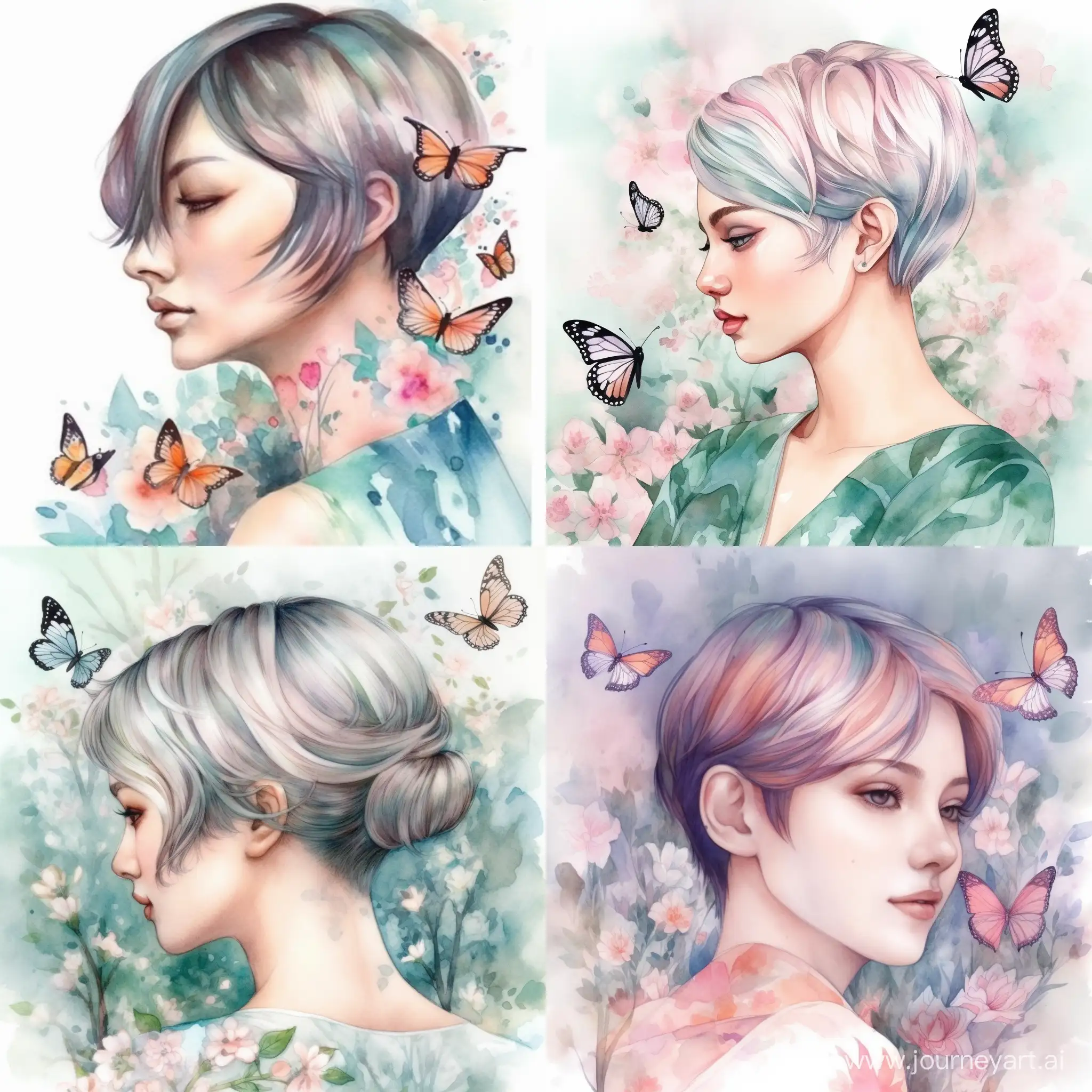 Elegant-Pixie-Cut-with-PastelColored-Highlights-in-a-Blossoming-Garden