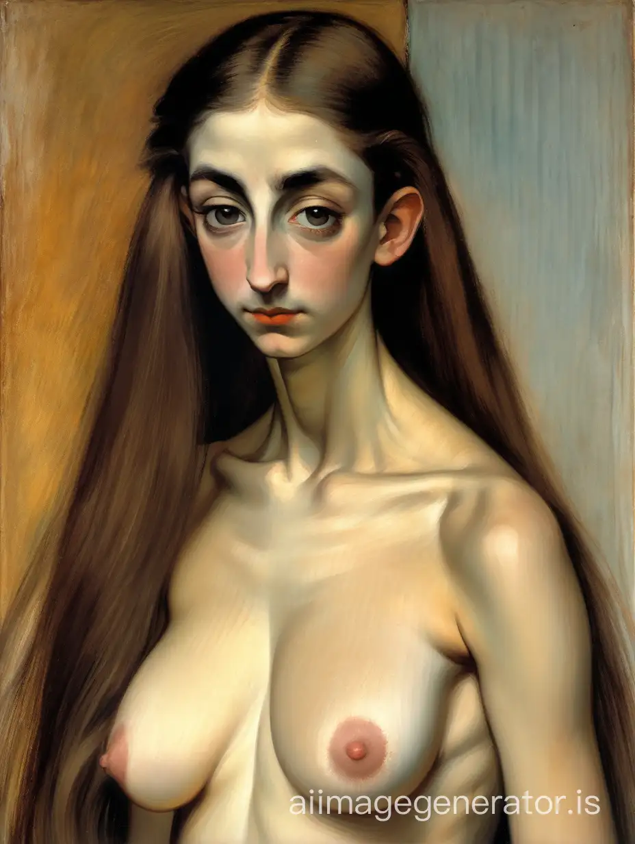 Degas oil painting of a skinny big-busted hairy incredibly beautiful nude Jordanian princess with long flowing hair and very thick eyebrows with full firm breasts, with hairy pubic hair, cleft chin, digital art