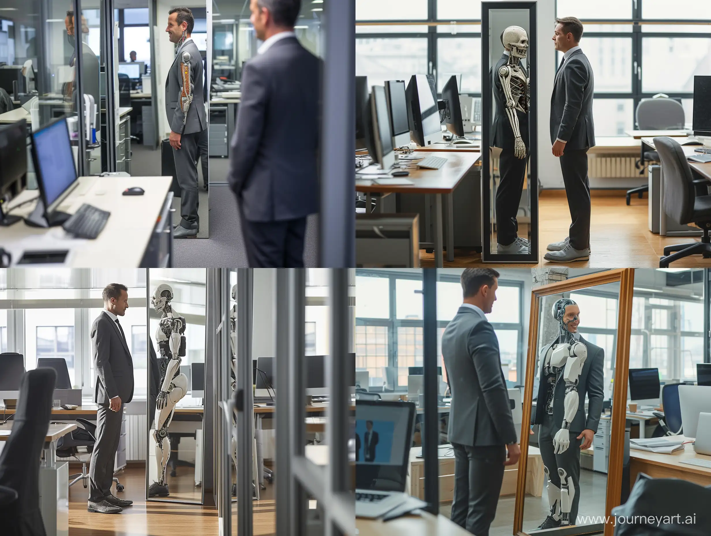 Office space with desks and computers and a white businessman thats looking in a mirror his reflection is a half cyborg. The man is wearing a suit and grey shoes. looking and smiling in a mirror. 