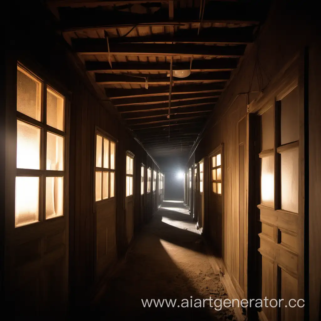 Dark-Corridor-with-Dusty-Windows-and-Wooden-Doors-in-the-Evening