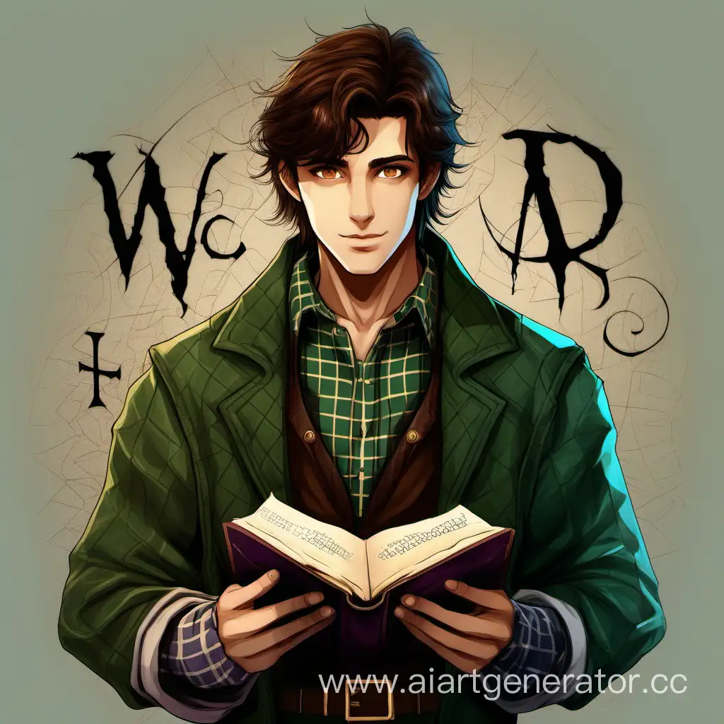 Создай волшебника. Подтянутый парень 23 лет, карие глаза, русые волосы, с книгой в руках. Его руки покрыты рунами, он одет в холщевую рубаху и темный жолет в зеленую клетку