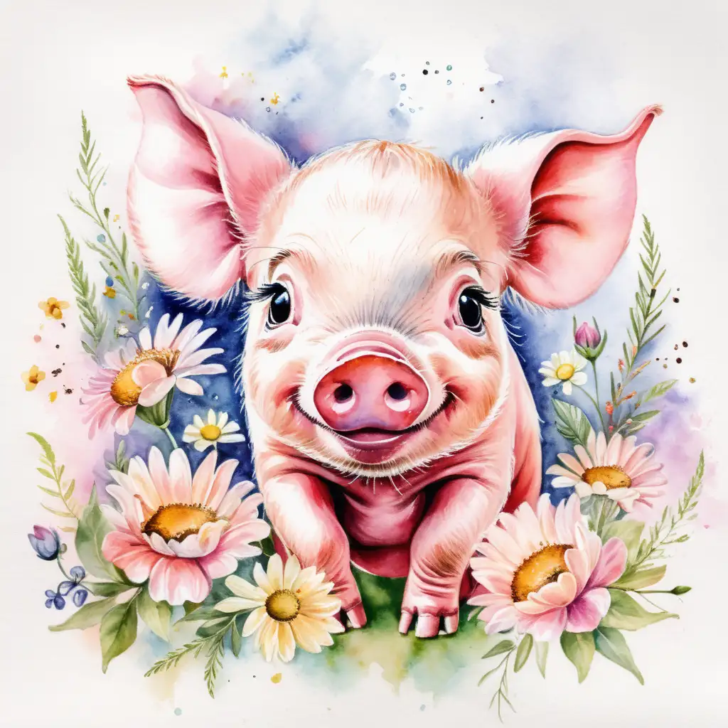 Adorable Piglet Surrounded by Delicate Watercolor Flowers