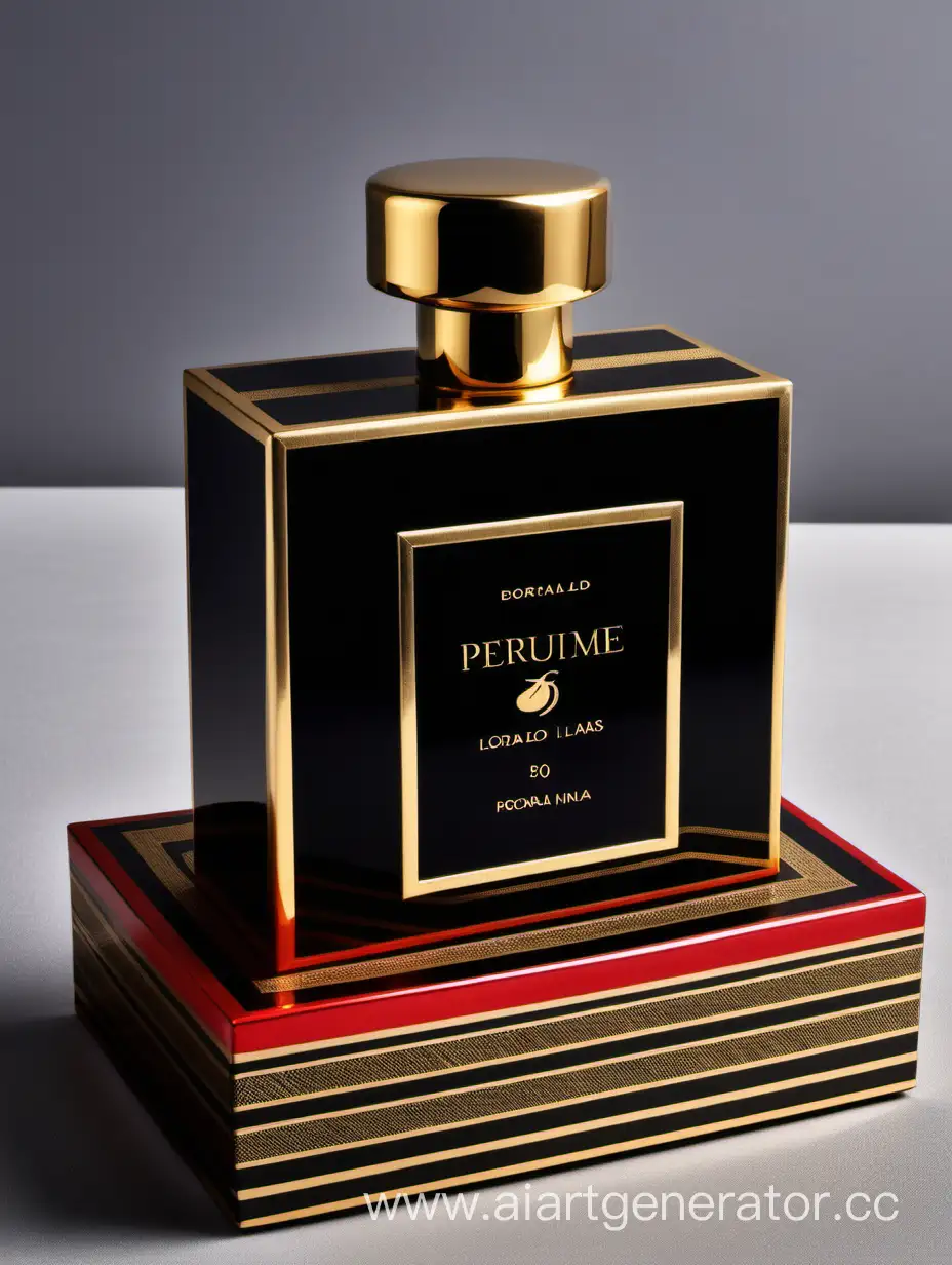 Luxurious-Red-and-Black-Perfume-Box-with-Golden-Accents-and-Elongated-Lines