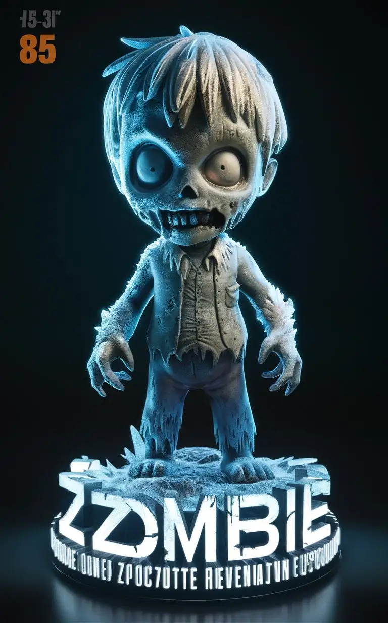 3D cartoon Zombie Apocalypse character portrait render. full-body uhd Frostbitten Revenant Figurine: close-full-body, breathtaking, 8k16k anime style, vector, slick bold design, glossy lines, Zombie Apocalypse aesthetic, intricate sculpting, hand-painted details. Standing at 3.5 inches tall, the Frostbitten Revenant figurine emanates an icy chill, its frozen features and haunting expression captured in stunning detail. Crafted from sleek metal alloy, its ethereal form seems to shimmer and shift with every movement. With hand-painted accents highlighting its frost-covered limbs and hollow eyes, this figurine is a haunting addition to any collection. Crisp zombie text adorns the base, with volumetric lighting casting eerie shadows across its surface.