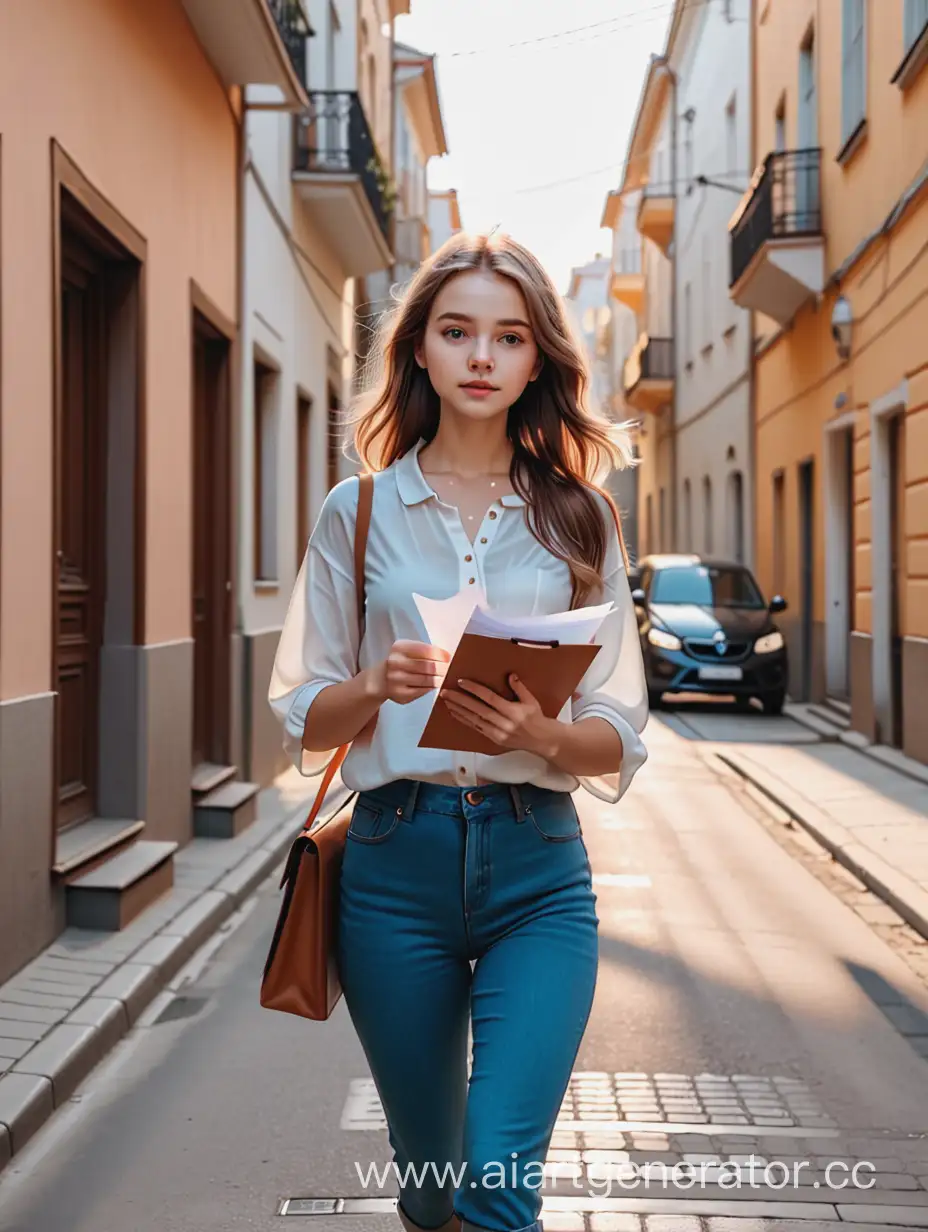 Young-Woman-Walking-with-Documents-in-Urban-Setting
