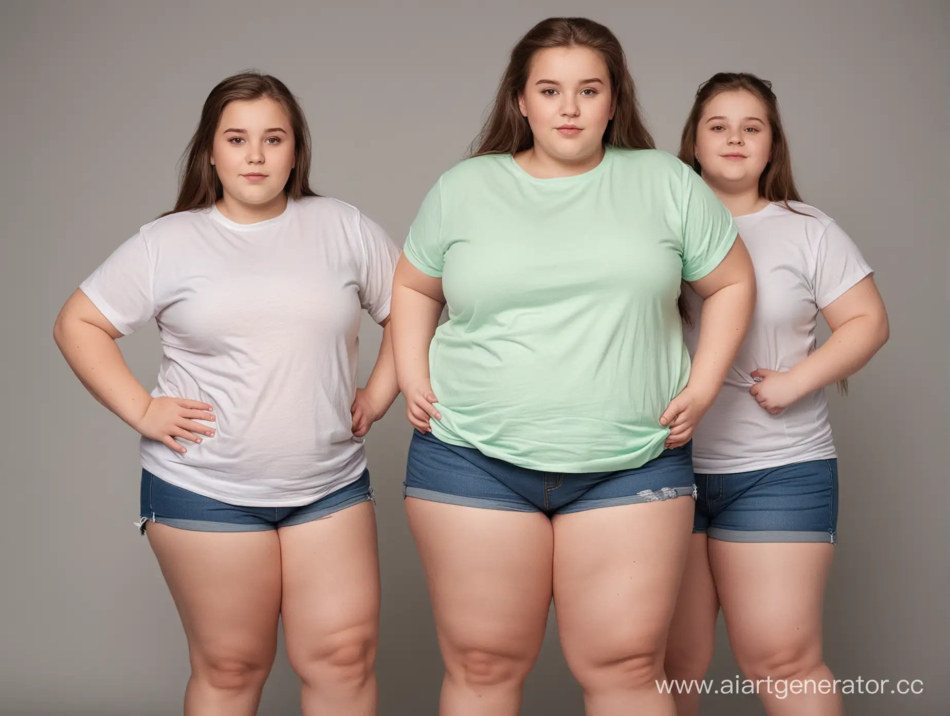 Two fat girls and one thin girl, in shorts and tshirt, full body, all 12 years old, fat girls presses on thin girl using her fat belly