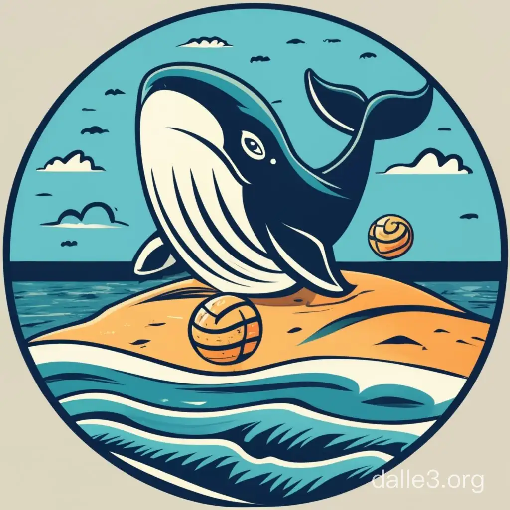 Create a team logo of a whale on a island beach playing water polo 