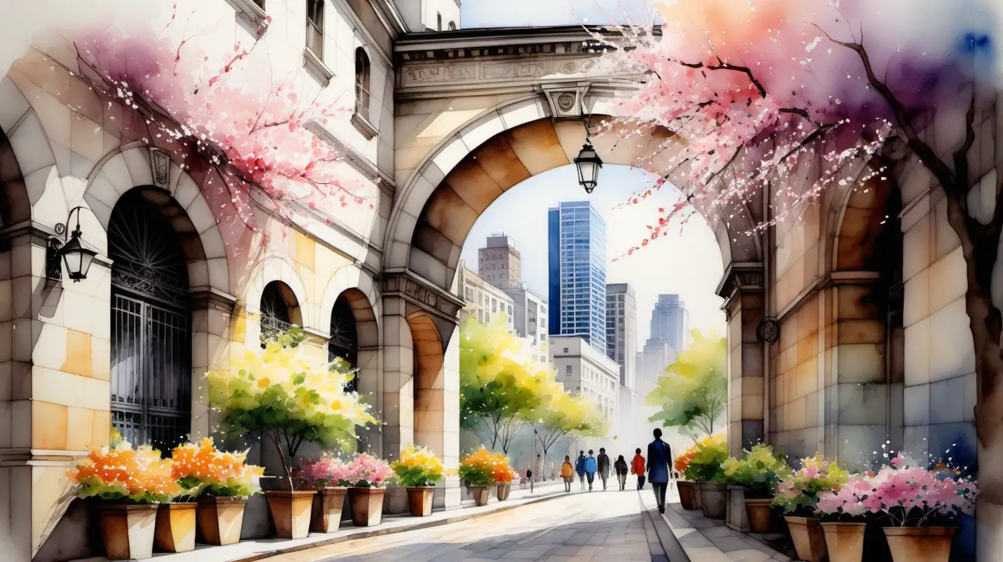 generate a watercolor painting with vivid and bustling cityscape viewed through a classical stone archway adorned with blooming vines. The scene should depict a colorful spring ambiance with a mix of architectural styles. Show a diverse skyline with tall modern buildings complemented by historic structures. Surround the archway with cherry blossom trees in full bloom, lining a cobblestone path that leads toward the heart of the city. Include lively street activity, such as people enjoying outdoor cafes, strolling along the sidewalks, and vibrant flowers adorning the buildings. Capture the essence of a vibrant, dynamic city during the rejuvenating season of spring