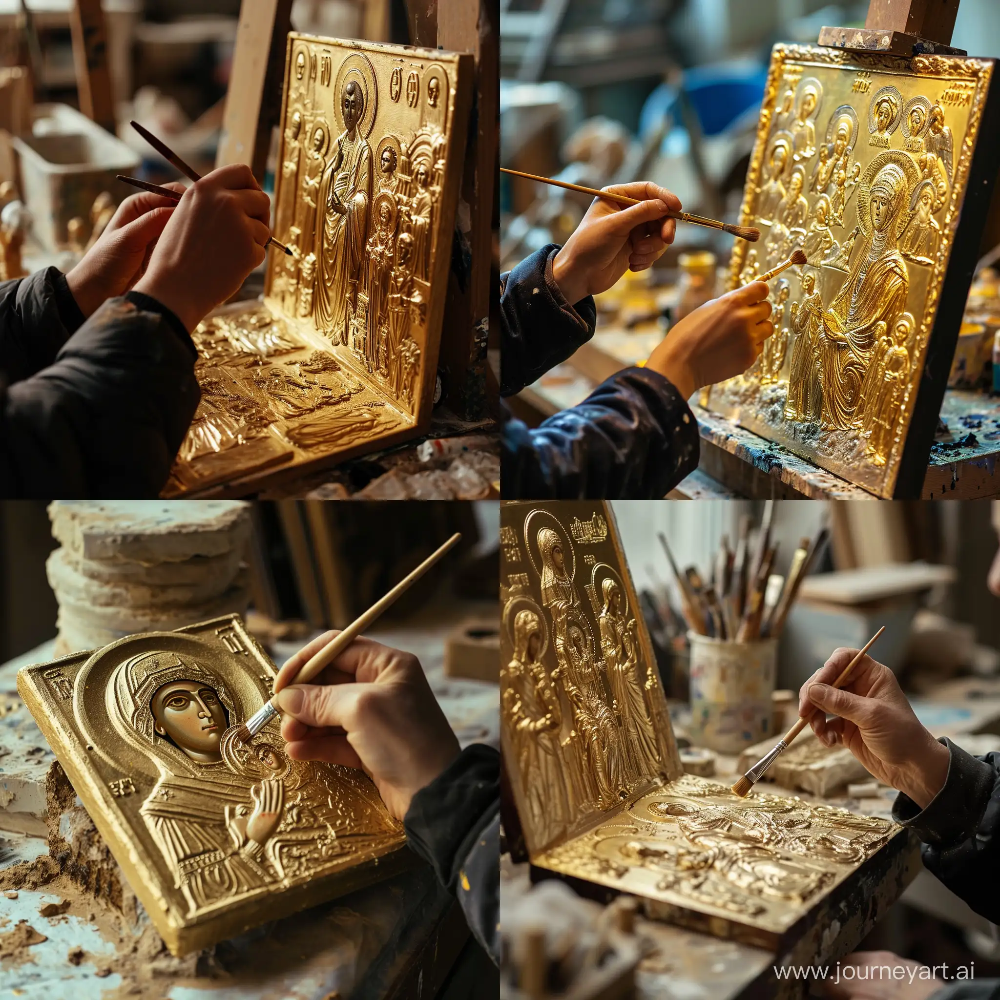 человек рисует золоченая икону кисточкой мастерская