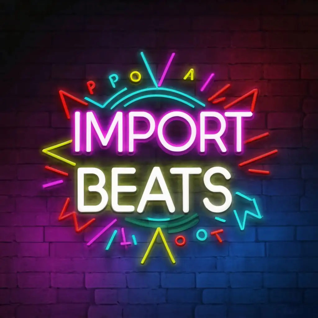a logo design,with the text "IMPORT BEATS", main symbol:HARD HOUSE DJ LIGHTS NEONS,complex,clear background
