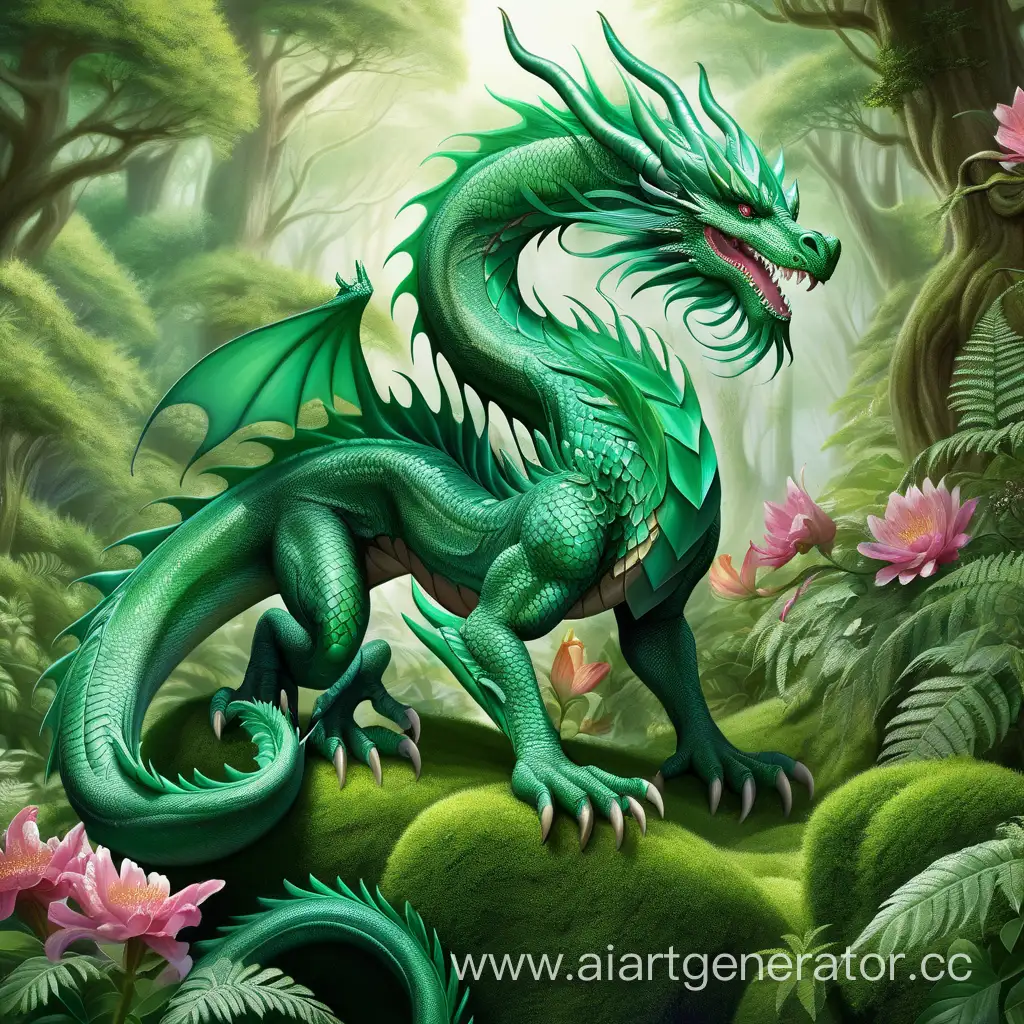 graceful, blooming, covered with plants, emerald forest dragon