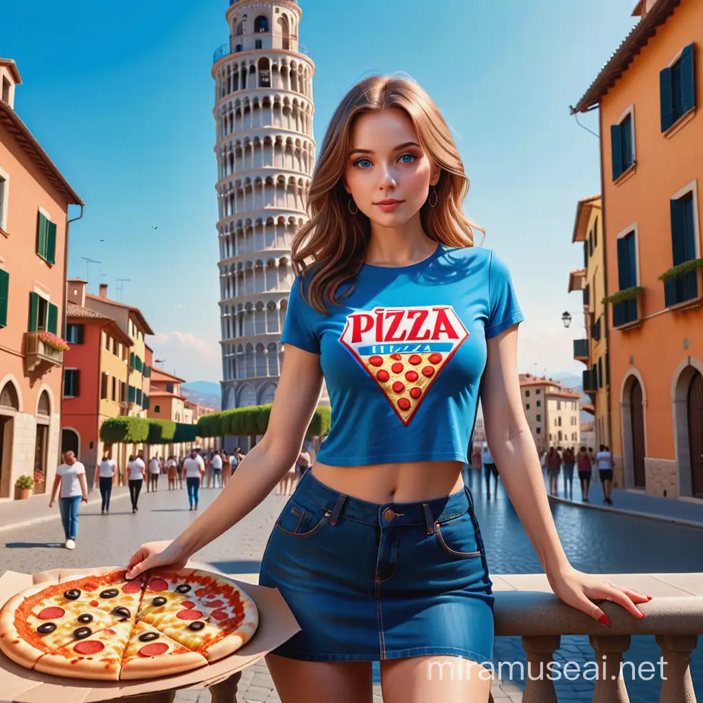 Full body, photographic superposition, full body, at front side in style realistic, a beautiful gorgeous woman in style realistic, light brown hair, blue eyes, perfect red libs, perfect hand, perfect finger, wearing t-shirt blue miniskirt white, looking at the camera, a famous tower pizza in italy it is in background in style realistic. It is a summer day, and the sun is left side. High definition and details, 8k., perfect composition, realistic, vivid colors, highly detailed, perfect composition., sf, intricate artwork masterpiece, centered, symmetry, painted, intricate, volumetric lighting, beautiful, rich deep colors masterpiece, sharp focus, ultra detailed, in the style of dan mumford and marc simonetti, astrophotography