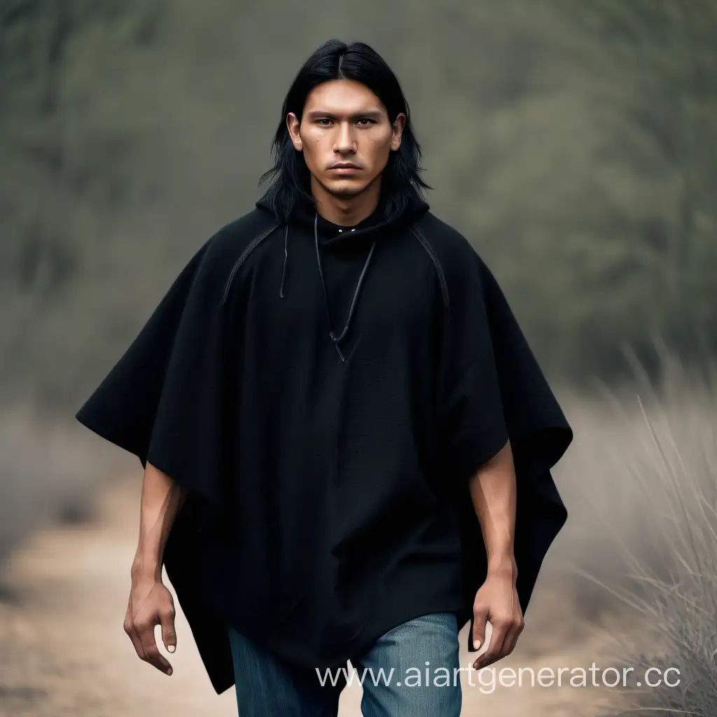 Man, young, strong, native american, short poncho, black clothes