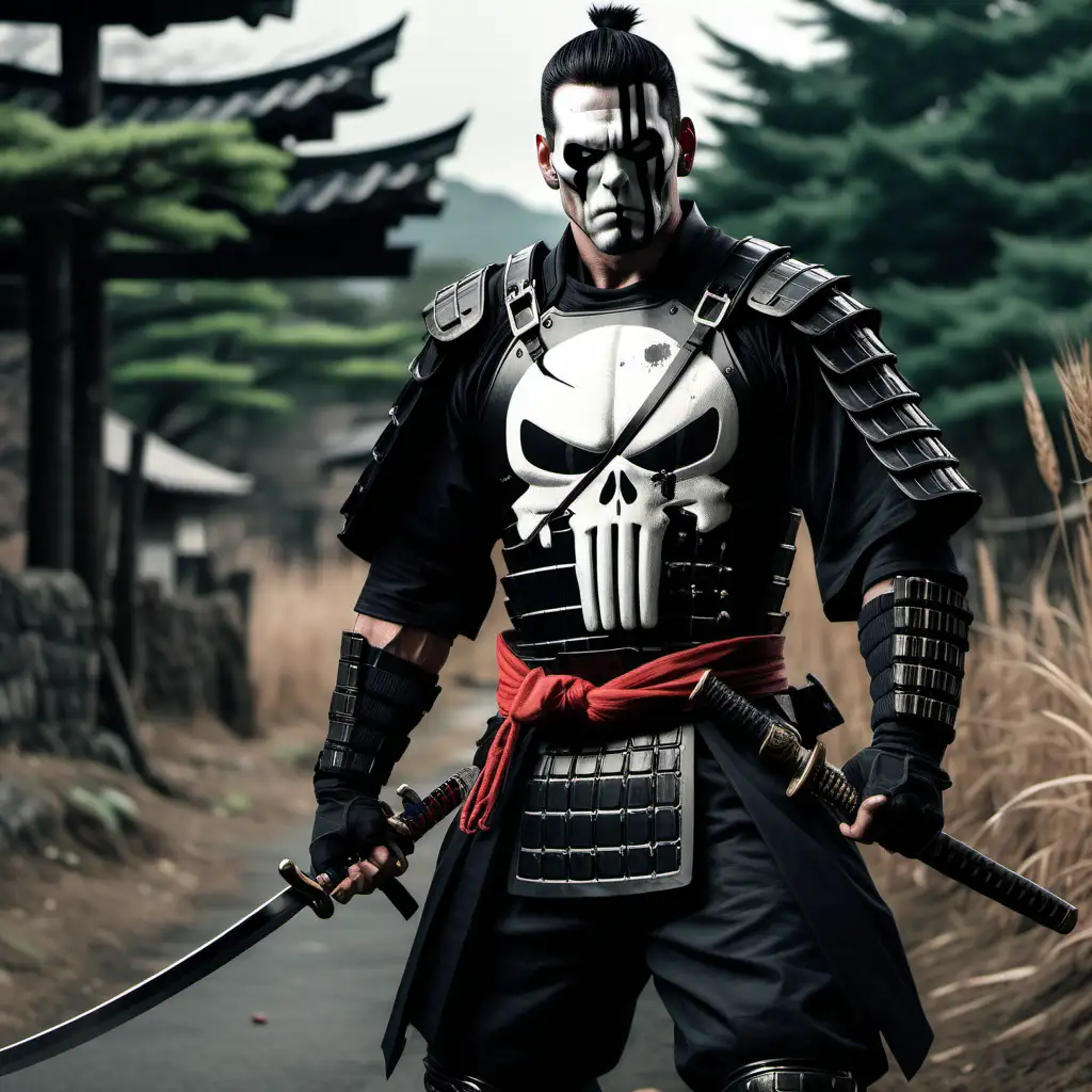A realistic image set in rural Japan of the punisher as a Samurai warrior wearing black armour without facepaint