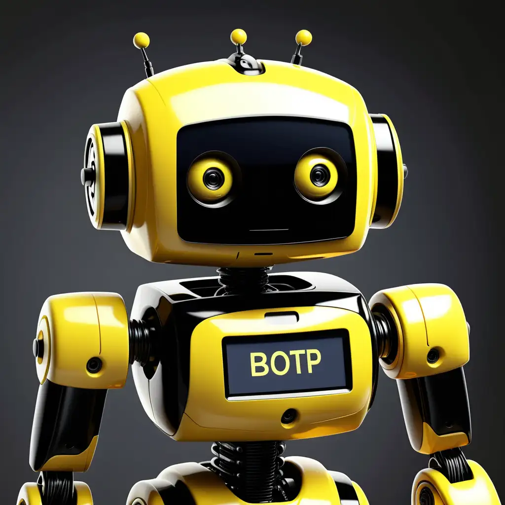 Жълто черно робот с екран и надпис  'BOTP'