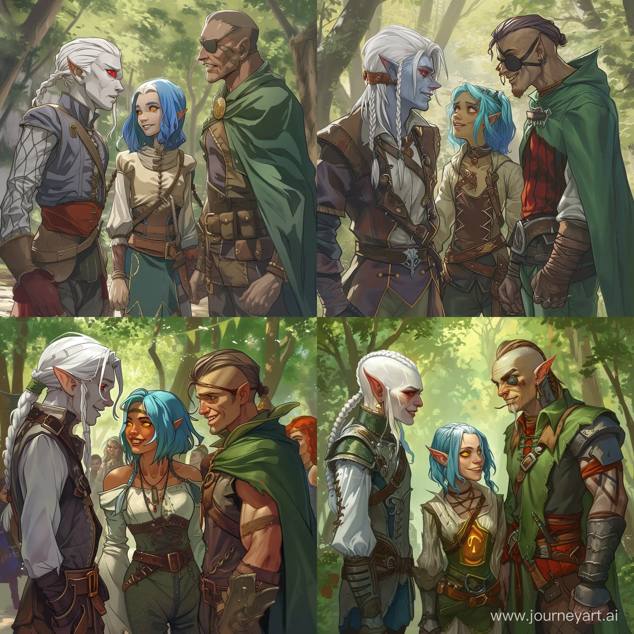 Draw a characters from the Dungeons and Dragons universe according to the following description: Three people stand and look at each other, sideways to the viewer. Thin drow man with slicked white hair in braid, with red eyes and grey skin, dressed in swashbuckler clothes: half-elf girl with shoulder-lenght blue hair, yellow eyes, dressed in light leather armor with a green cloak; and human barbarian, whos tall, muscular, with an eye patch, green eyes, bald with brown forelock. People chatting and laughing. Behind is a forest clearing