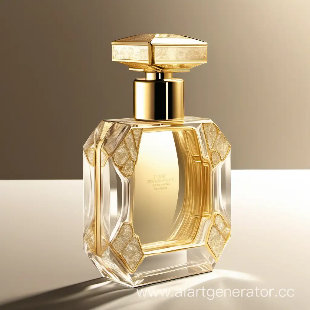 botella de perfume elegante transparente y juvenil inspirada en el  oro