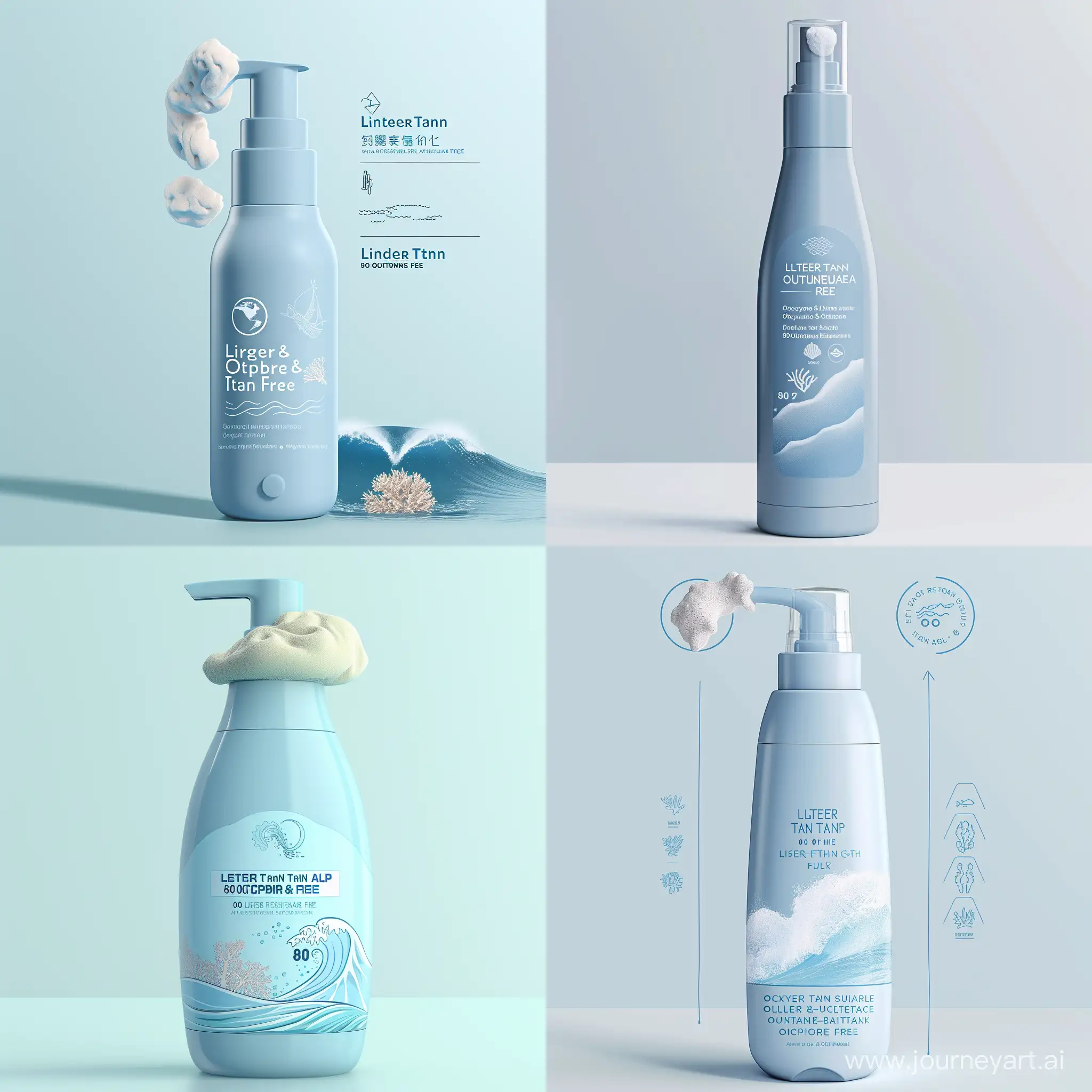 imagine a sleek, baby blue bottle. The bottle should have a dispenser for foam. The label on the bottle  should be "Lighter-Than-Air" , "Water-Resistant (80 minutes)," "Oxybenzone & Octinoxate free." Additionally, you could include imagery or symbols representing the product's eco-friendly, cruelty-free, and vegan attributes. Also add a small image of a wave and a coral reef