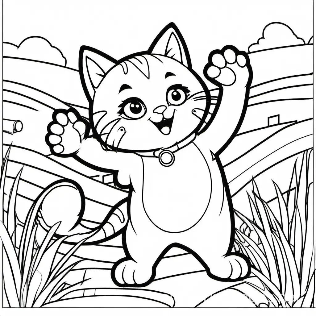 Cute cat dancing on the batch coloring page for kids ages 3-5 , simple coloring page, cartoon style, block thick line, low details, line art style, ---- no shading, white background, --ar2:3, Coloring Page, black and white, line art, white background, Simplicity, Ample White Space. The background of the coloring page is plain white to make it easy for young children to color within the lines. The outlines of all the subjects are easy to distinguish, making it simple for kids to color without too much difficulty