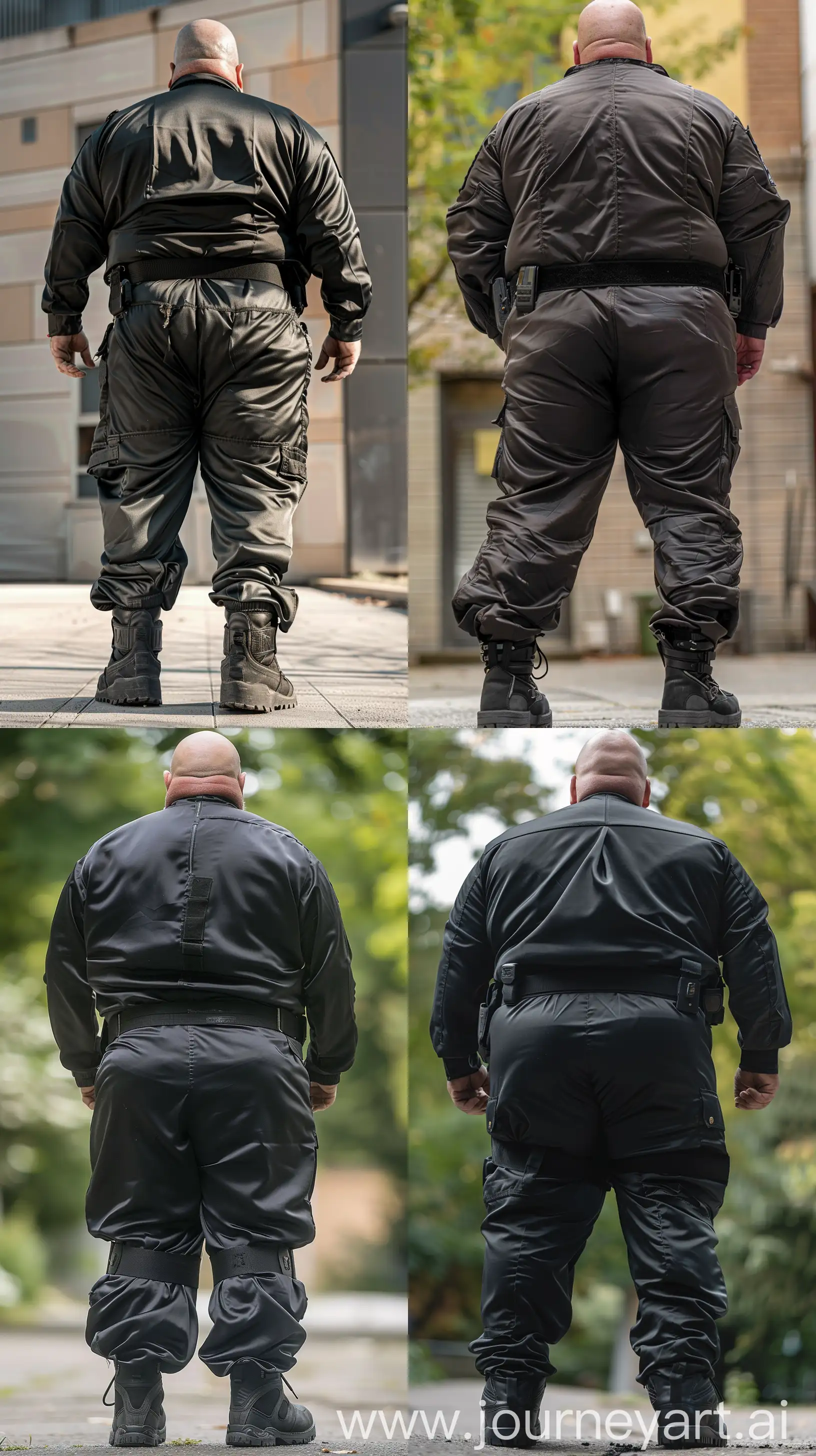 Close-up back view photo of a fat man aged 60 wearing a silk black security guard skinny-fitted full coverall tucked in black tactical hiking boots. Thick black tactical belt. Standing straight with his head up. Outside. Bald. Clean Shaven. Natural light. --style raw --ar 9:16