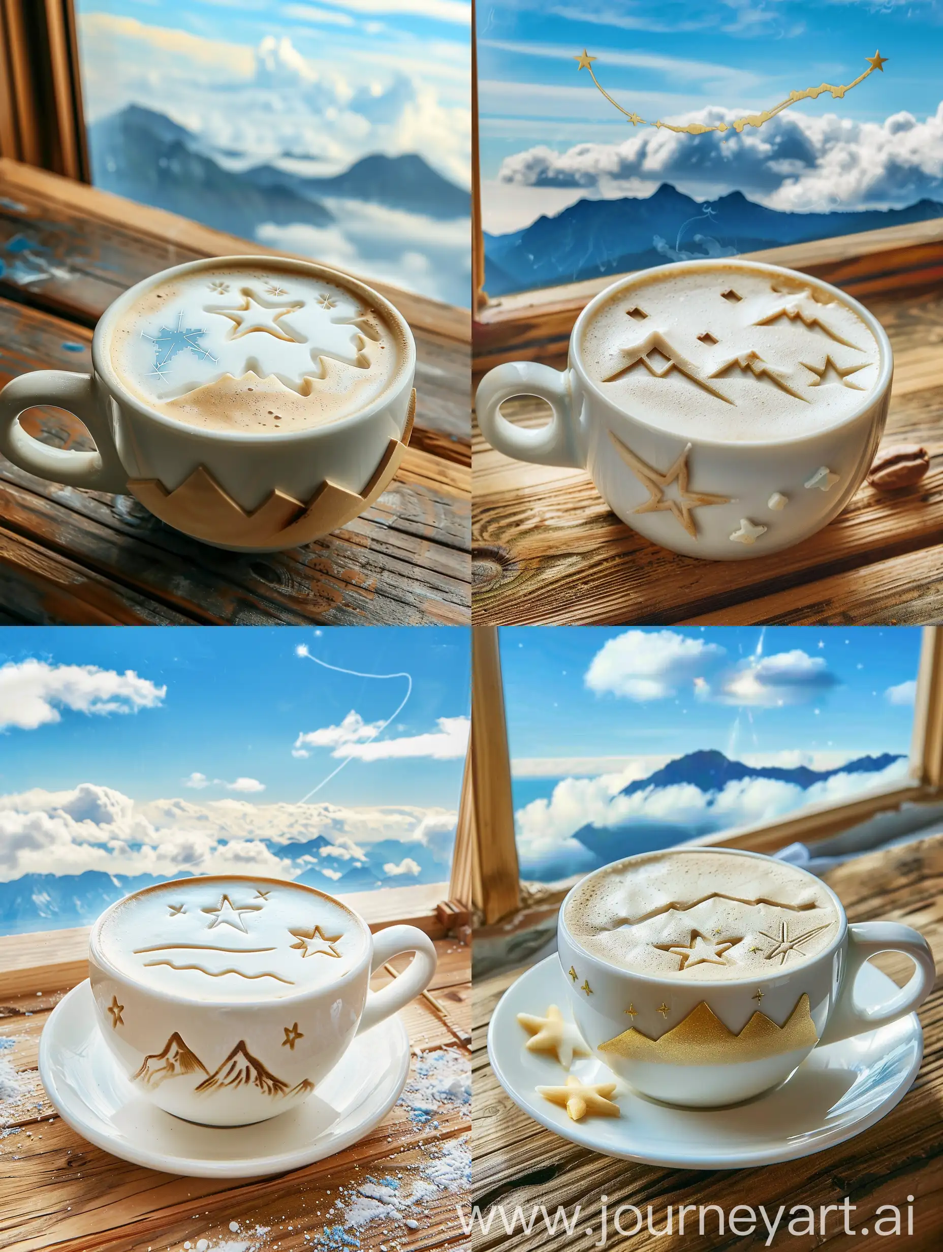 Artistic-Cappuccino-with-Mountain-and-Star-Milk-Art-on-Wooden-Table