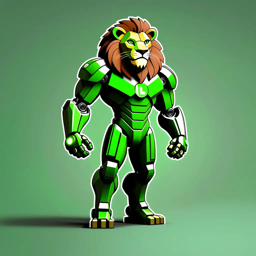 create me a logo for trading bot, lion, serious, green, full body, bitcoin, ironman, human like
