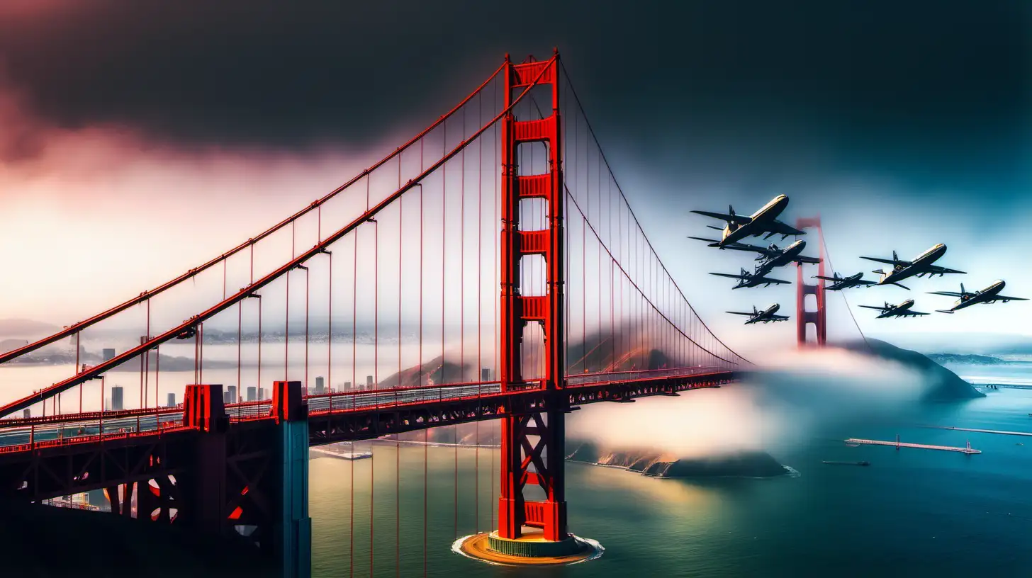 a cyber punk image of the Golden gate Bridge in San Francisco during a partially foggy day with sun piercing with  neon futuristic airplanes landing at the airport runway