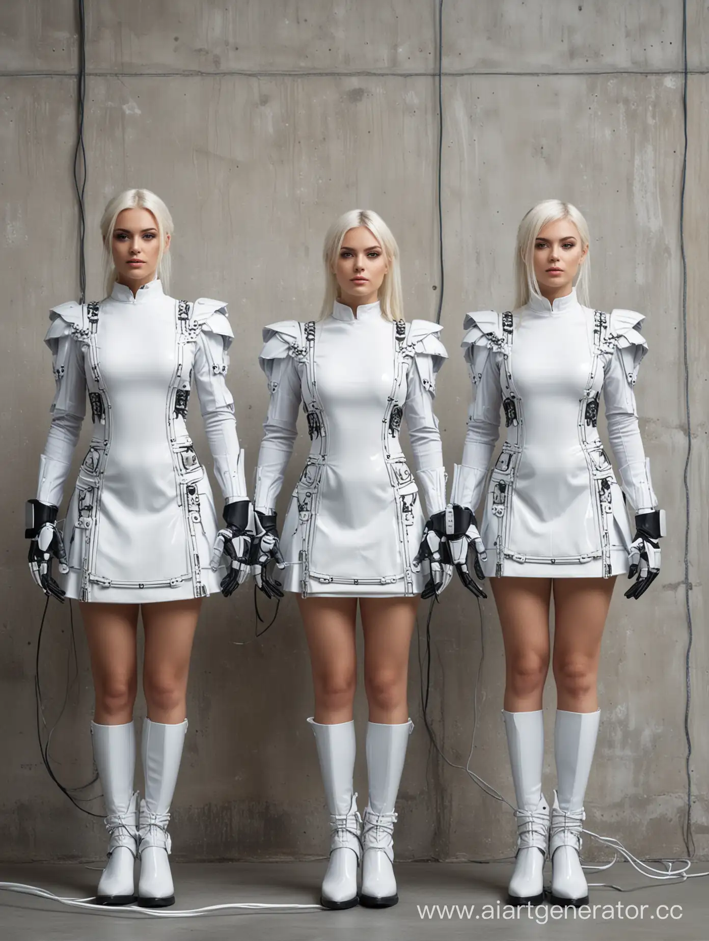 Three identical white European Female cyborgs, sexy maid outfit, standing at attention against a wall and charging, exposed wires and circuits