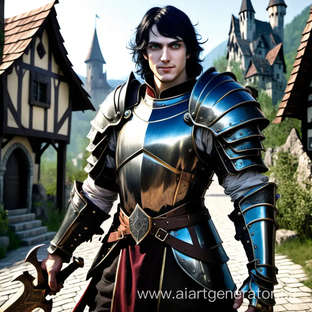 A 28 year old human male. A Paladin in heavy mail armor. He's armed with an obsidian hammer in both hands. His name is Ryn. He's 1,85 meters tall, of medium build, has green eyes and black hair. His expression is warm and he is happy. In the background you can see a halfling village. The setting is a dark fairy tale by the brothers Grimm. /// no bad face, no deformation, no bad eyes
