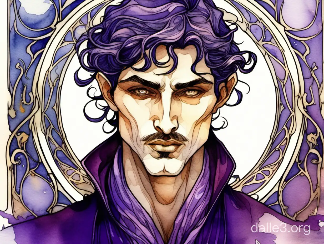 watercolor graphics art nouveau style a sorcerer's portrait, male, wearing purple robe, dark short messy hair, thin lips, big nose