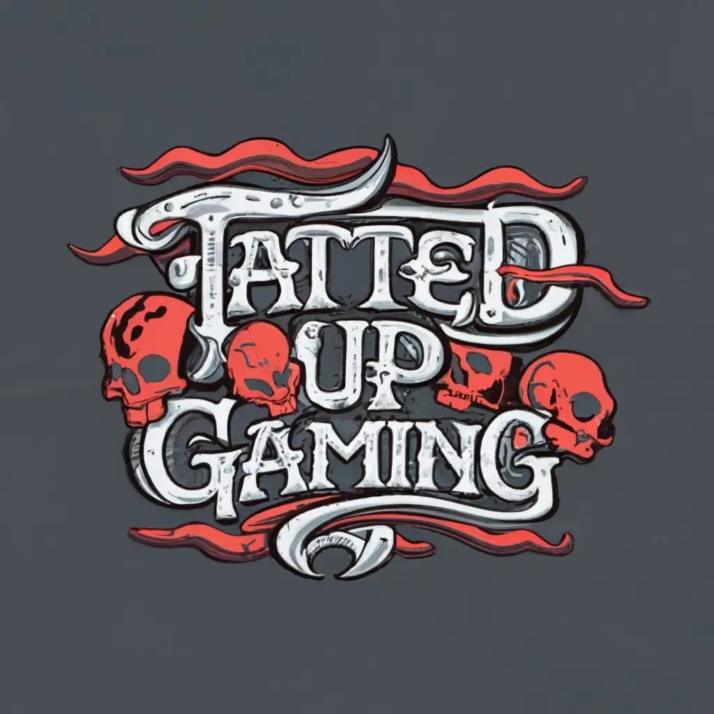 logo, smoke/red/black/skulls, with the text "Tatted Up Gaming", typography