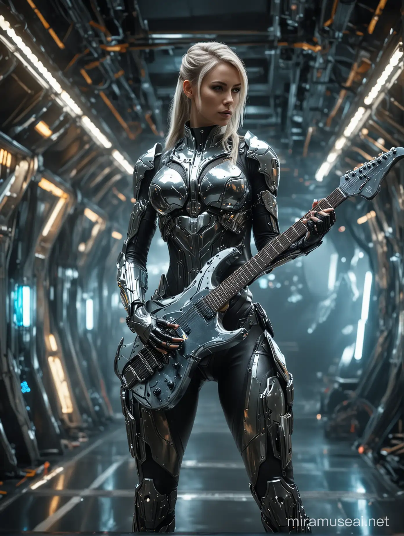 Front View photography Beautiful army futuristic woman cyborg, warframe armor mechanical metalic chrome bright shines playing electric guitar rock in futuristic spaceship interior full of lights colors, Photography beauty colors she on holding futuristic weapon