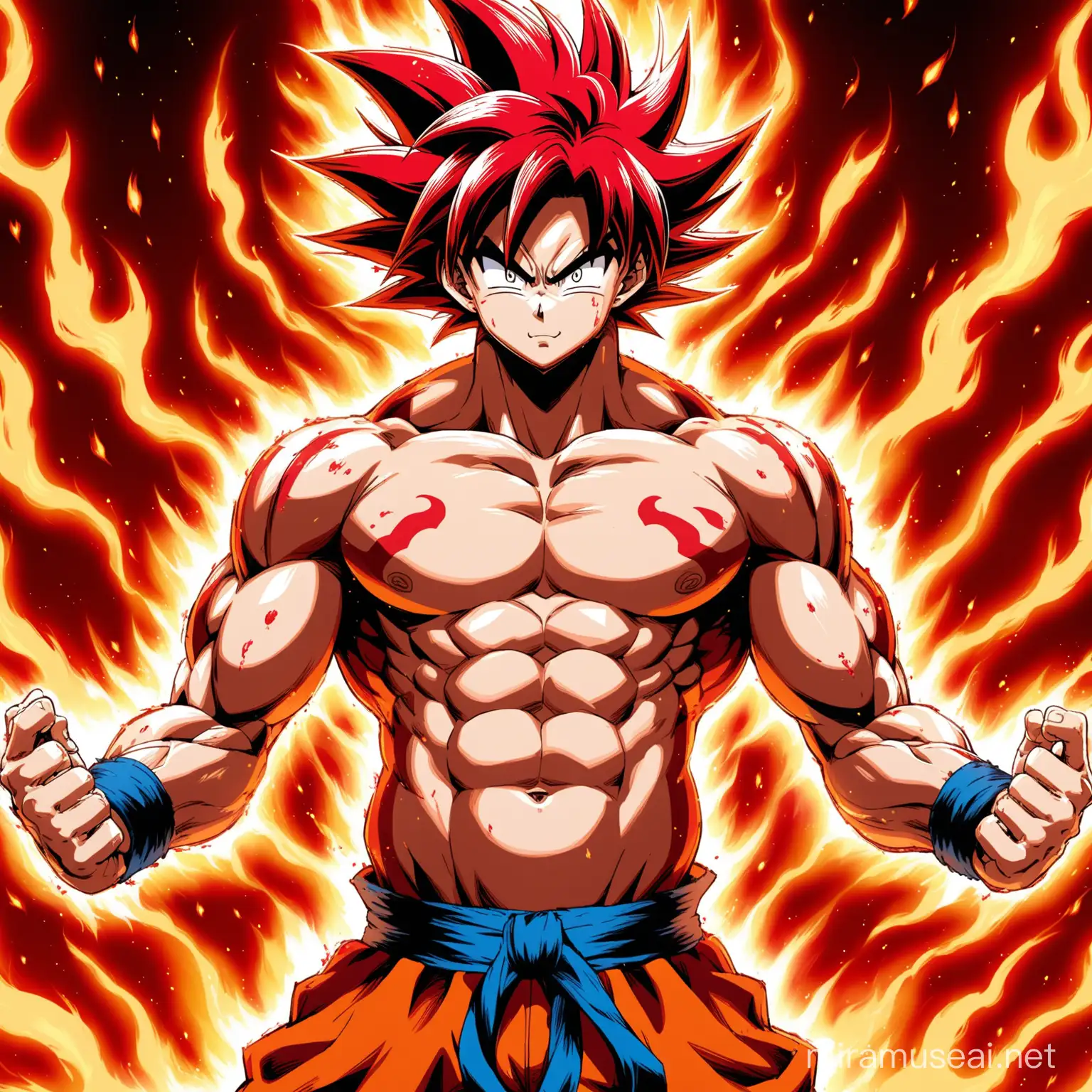 SHIRTLESS JACKED GOKU WITH NEW RED-WHITE COLOR TRANSFORMATION IN A RED FIRE, CROSS IN THE BACKGROUND