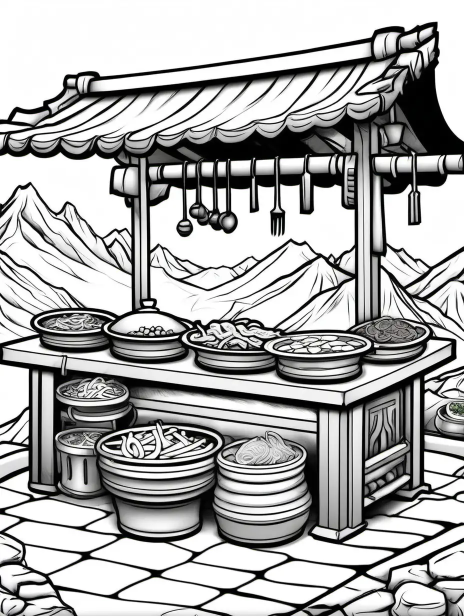 Create a black and white coloring page, black outlines, no color, no shading and no grayscale of a A Mongolian BBQ stand in a nomadic setting
