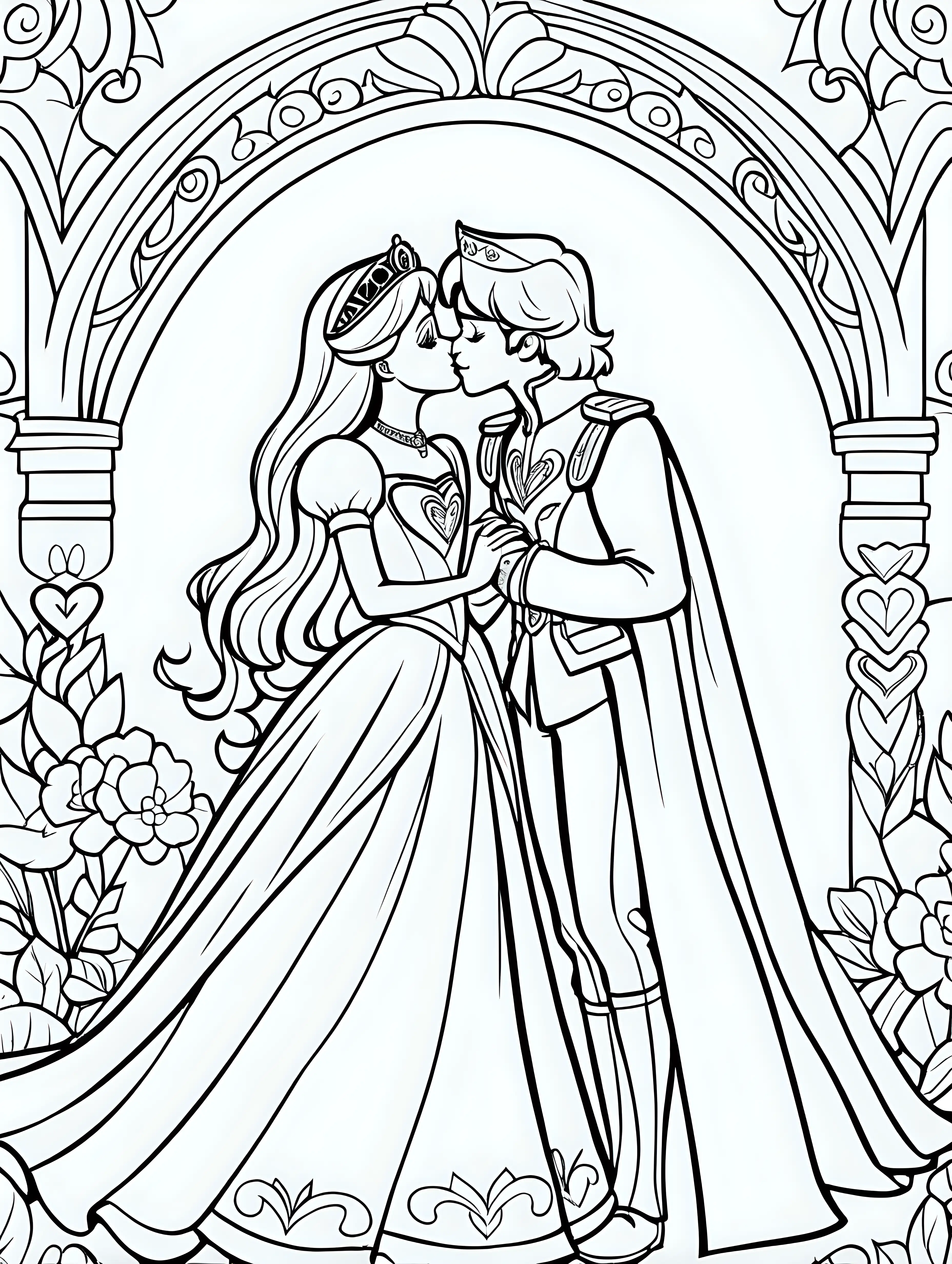 Adorable Prince and Princess Coloring Page with a Cute Kiss and Hearts