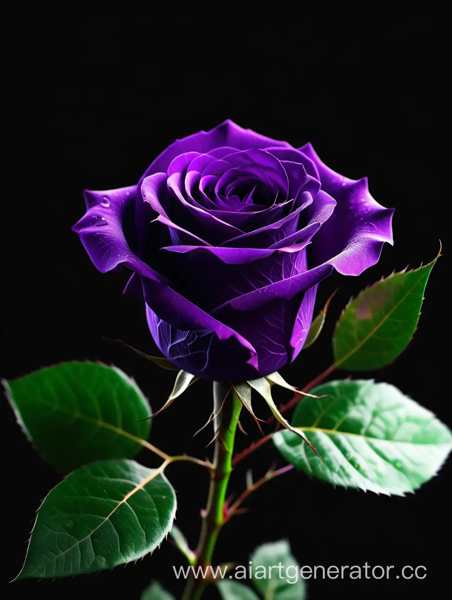 Vibrant-8K-HD-Purple-Rose-with-Lush-Green-Leaves-on-Elegant-Black-Background