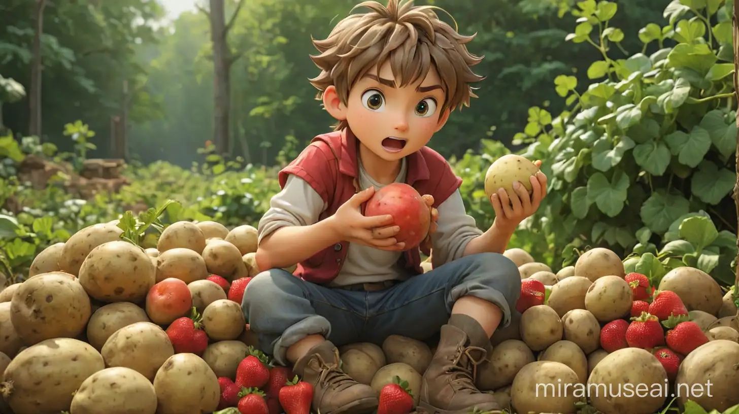 the boy from harvest moon, holding a big Turnips iin his arms,eating Strawberrys, lie in a pile of  Potatos, 