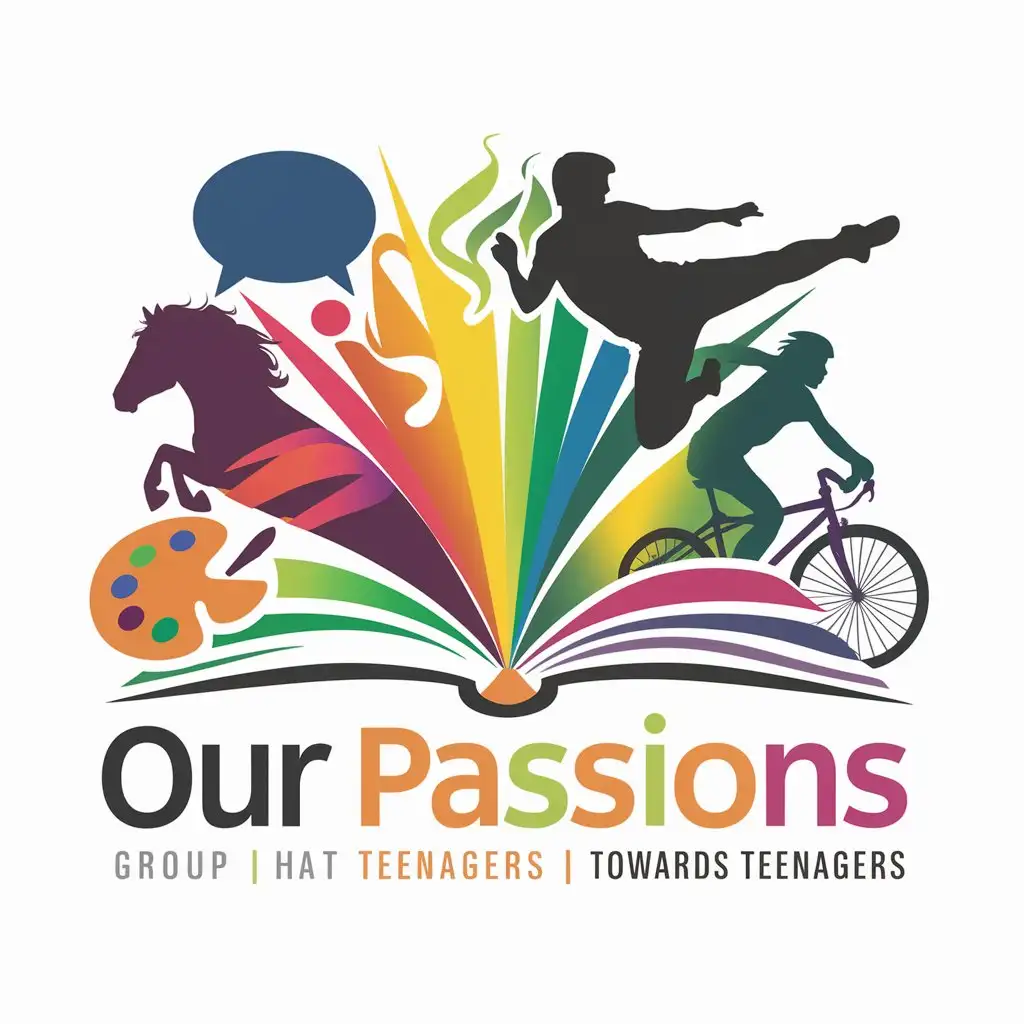 pictorial logo, which will be the logo for the 'our passions' group. Design a vibrant, well-lit logo for teenagers. No people, avoid rainbows. Use colorful, light elements: open book, paintbrush & palette, horse & bike silhouettes, flying kick silhouette (non-aggressive).  Show connection between elements. Consider speech bubble/musical note for singing. Varied, bright color palette (not rainbow). Without any text on picture.