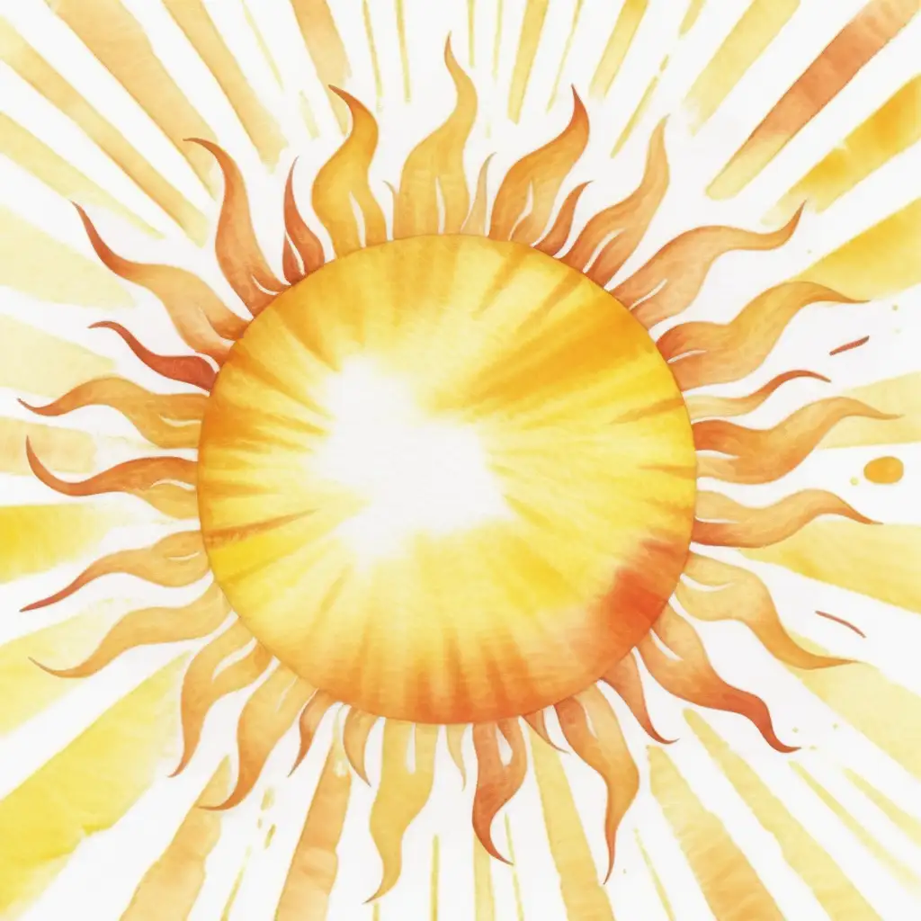 watercolor styled sun with straight rays and white background
